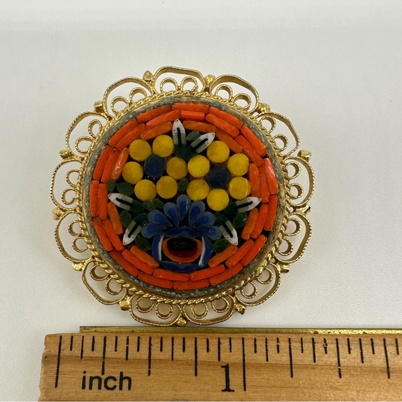 Vintage Italian Micro Mosaic Floral Brooch Scarf Hair Pin - Picture 5 of 9